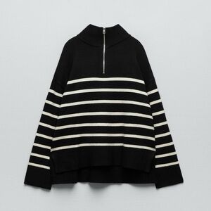 Zara Black and White Striped Half-Zip Sweater